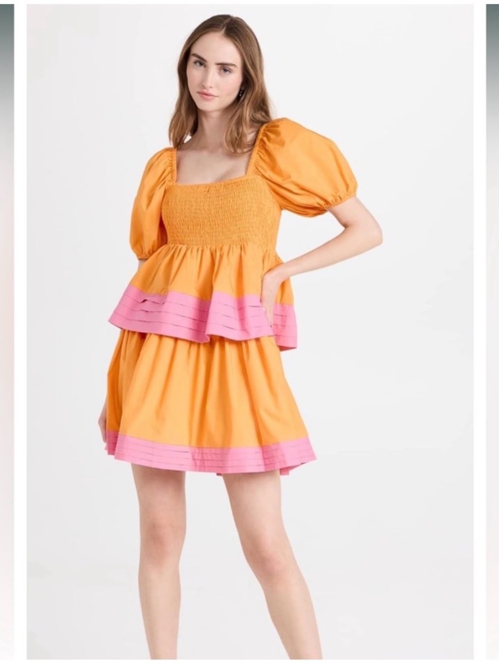English Factory Orange and pink puff sleeve tiered mini dress size medium NWT